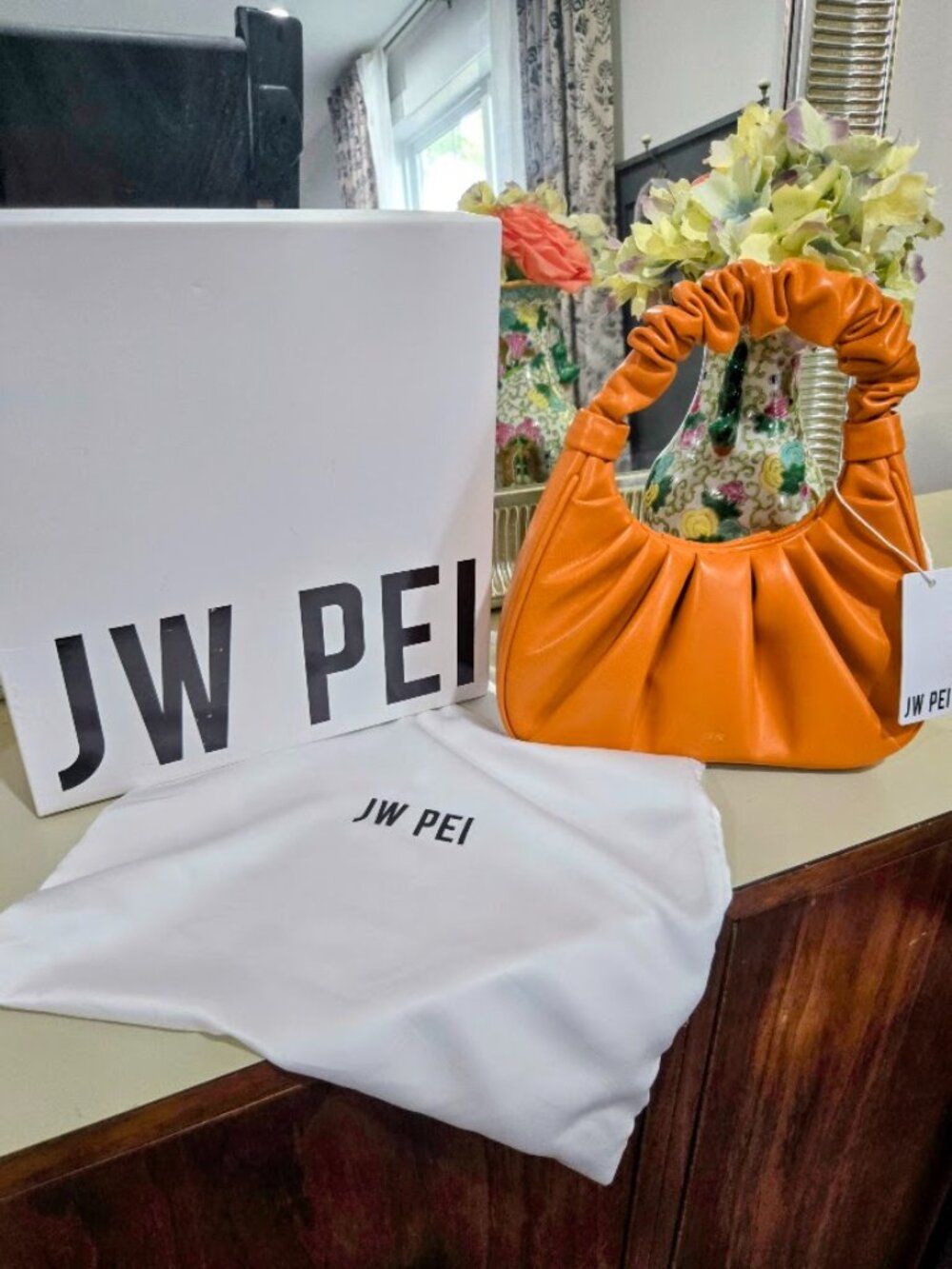 NWT JW PEI Gabbi Bag Orange Ruched Hobo Vegan Leather Purse Box Dust Bag